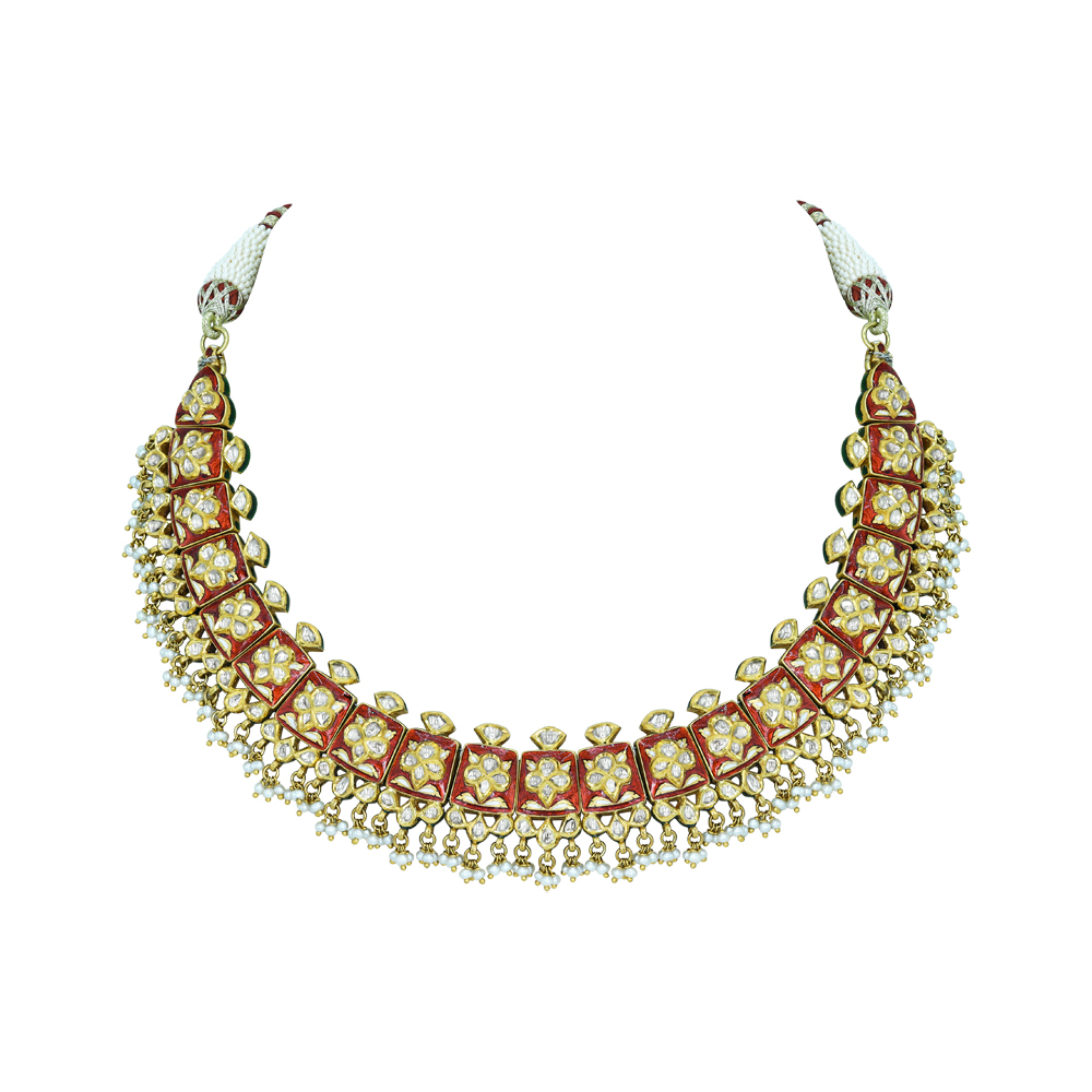 Red Enamel Polki Necklace with Floral Motifs and Cheed Pearls